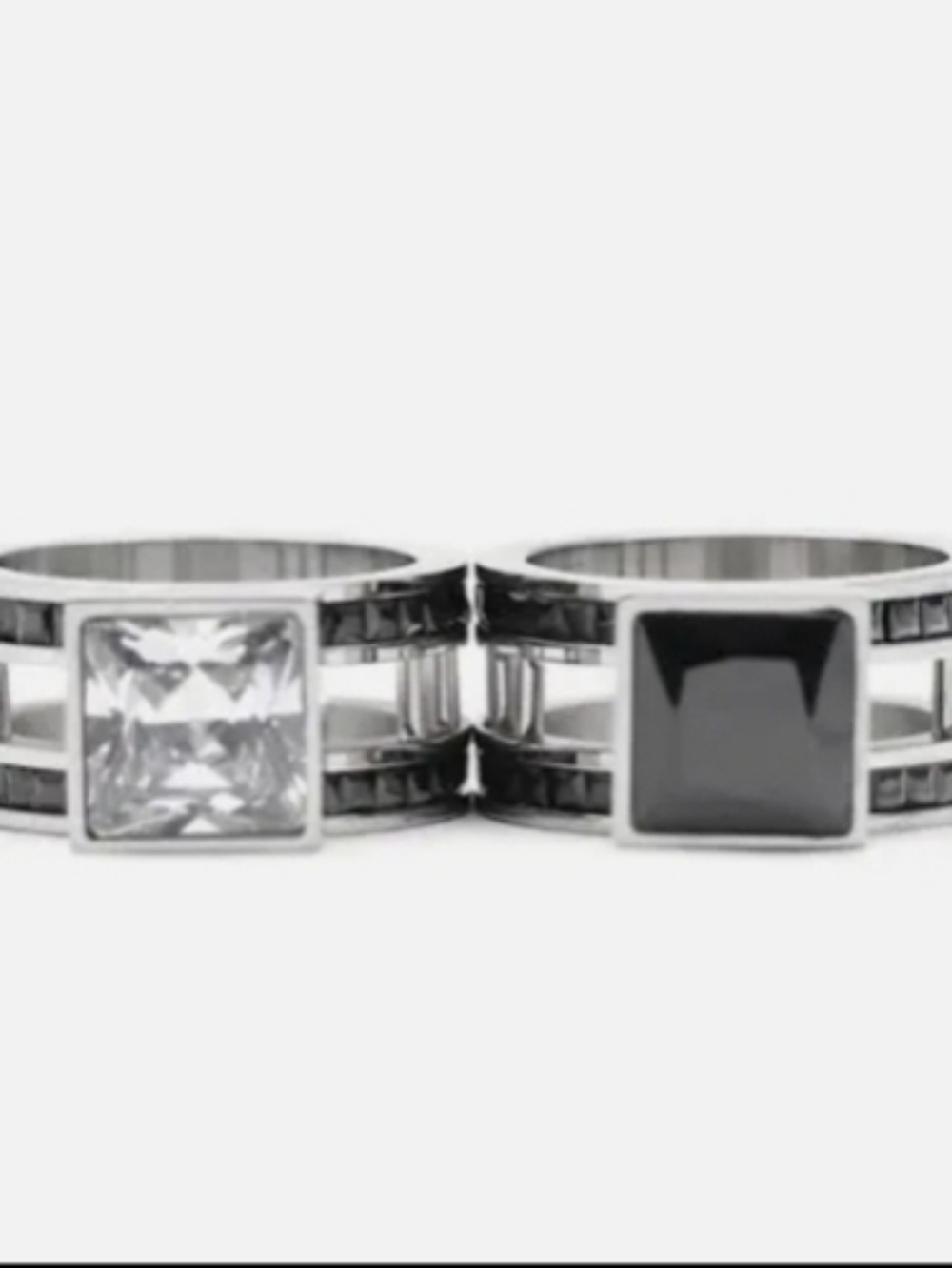 Stainless Steel Square Stone Statement Ring - Clear and Black